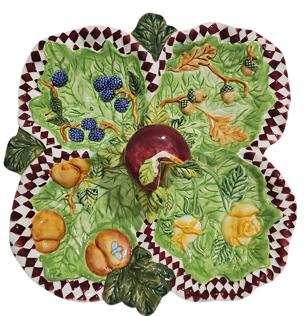 Zrike Tracy Porter Ceramic Divided Serving Dish Hand Painted Leaf Apple Whimsy